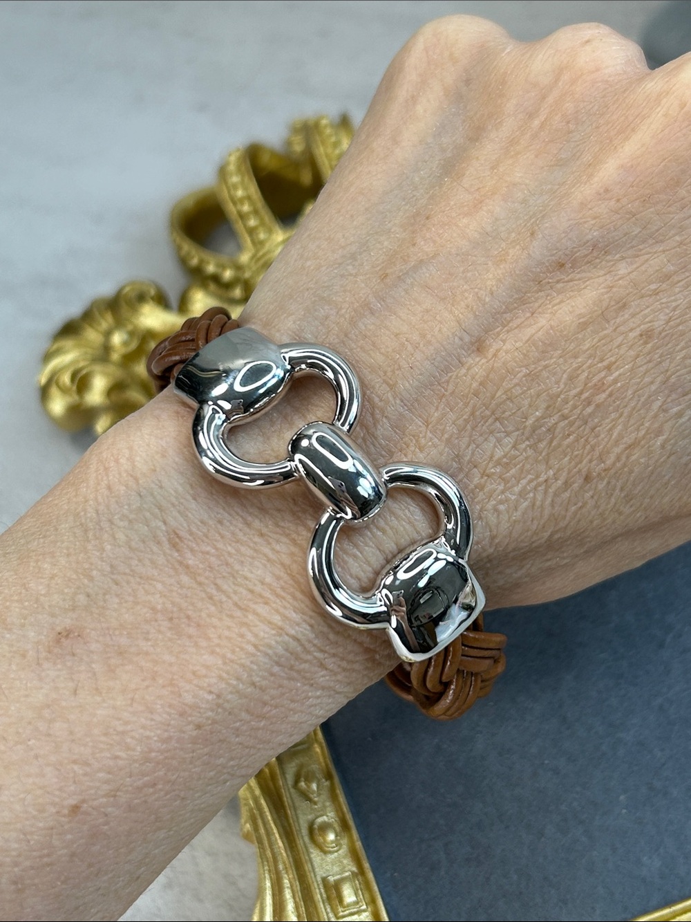 Milor Brown Braided Leather Horse Bit Bracelet with Polished Silver Link